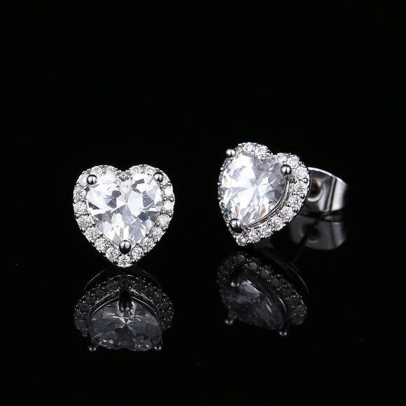Women's Heart White Elegant Mall Dainty Halo Birthstone Cubic Zirconia Earring - Picture 5 of 6